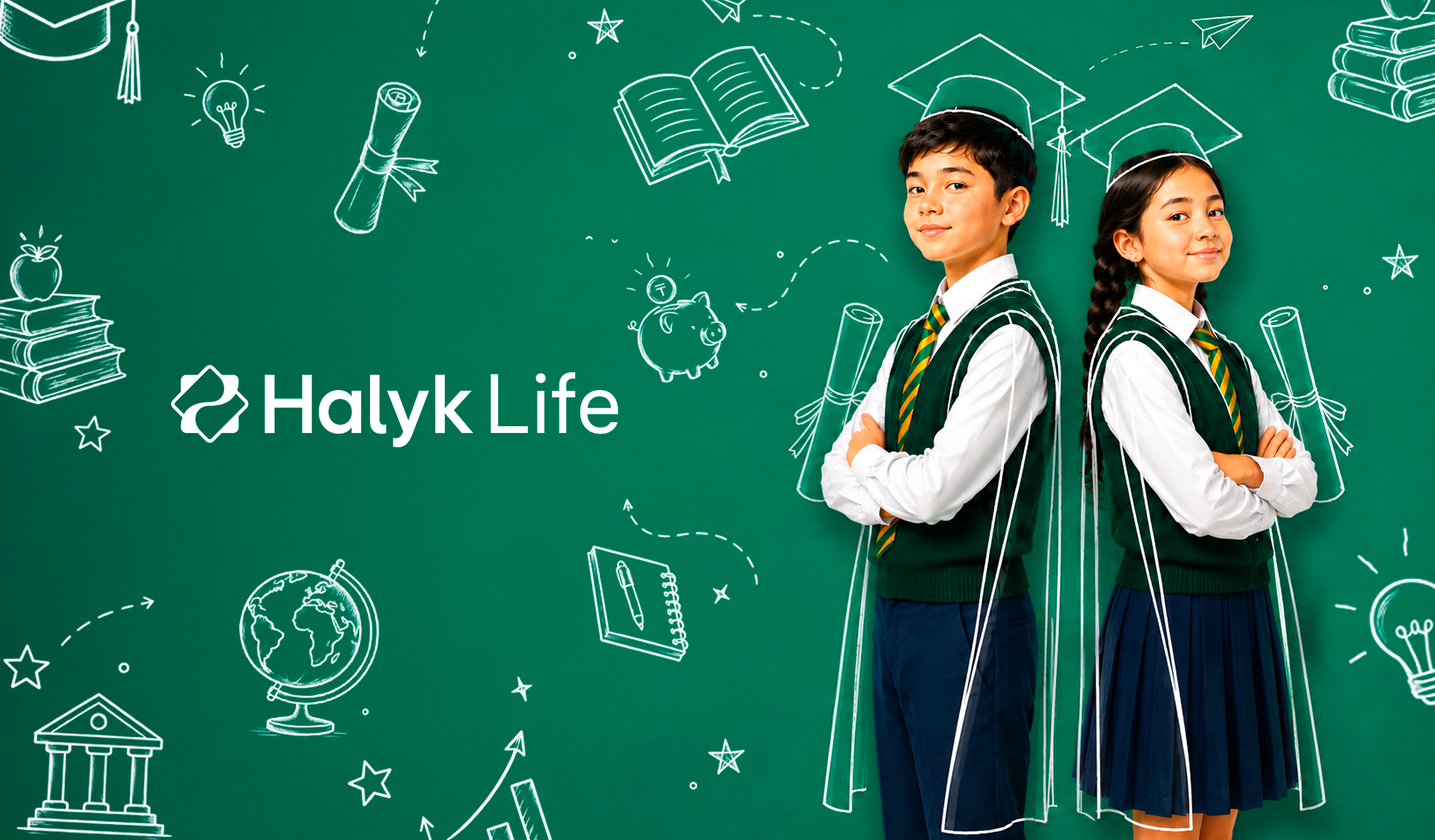 Halyk Life логотипі бар жасыл тақта аясындағы бітіруші мантиясын киген оқушылар
